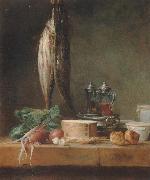 Jean Baptiste Simeon Chardin Style life with fish, Grunzeug, Gougeres shot el as well as oil and vinegar pennant on a table oil painting artist